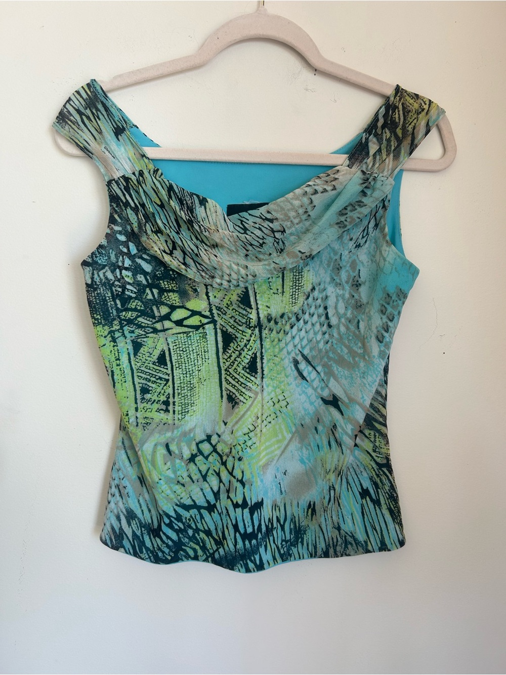 Vintage Y2K Sleeveless Cowl Neck Top in Aqua Multi